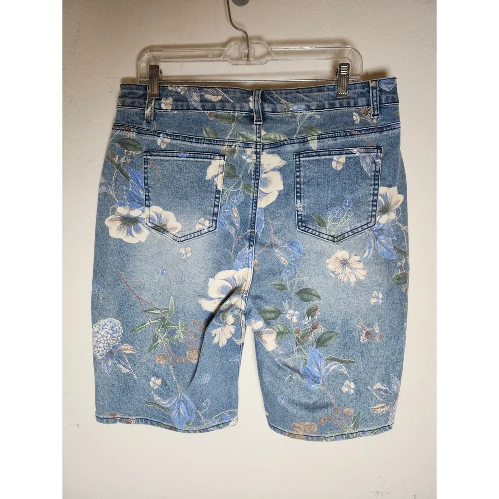 Flamingals Bermuda Shorts Women 2XL Blue Floral Print Stretch Denim High Rise